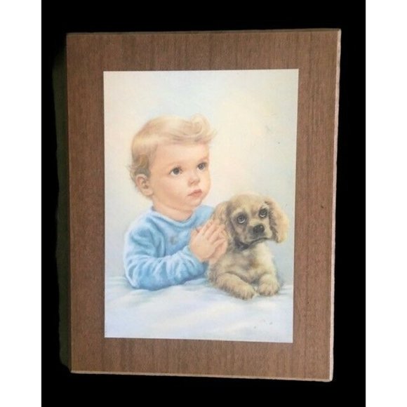 VIntage Little Boy and Puppy Praying at Bedtime Hanging Wall Plaque - Picture 1 of 2
